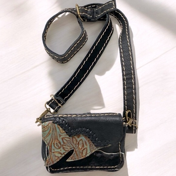 Leather Mini Bag Bohemian Crossbody Artisan Accent Size  6 x 4 x 2.5 - Picture 9 of 14